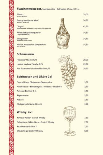Vins rouges en bouteille, Soleil de l'Adriatique - Vins de Dalmatie, 0,7 l, Vins effervescents, Spiritueux et Liqueurs 2 cl, Whisky 4 cl
